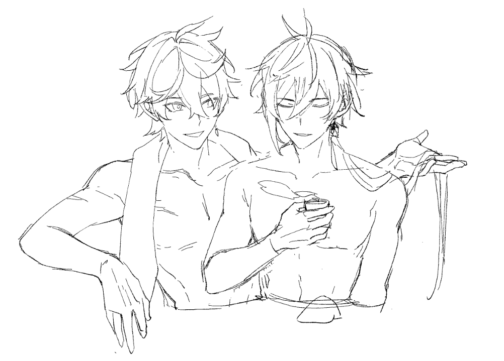 2boys bath bathing cup genshin_impact greyscale holding_cup hotspring hotsprings monochrome multiple_boys ofuro steam tartaglia_(genshin_impact) teacup white_background yaoi yuu4127 zhongli_(genshin_impact)