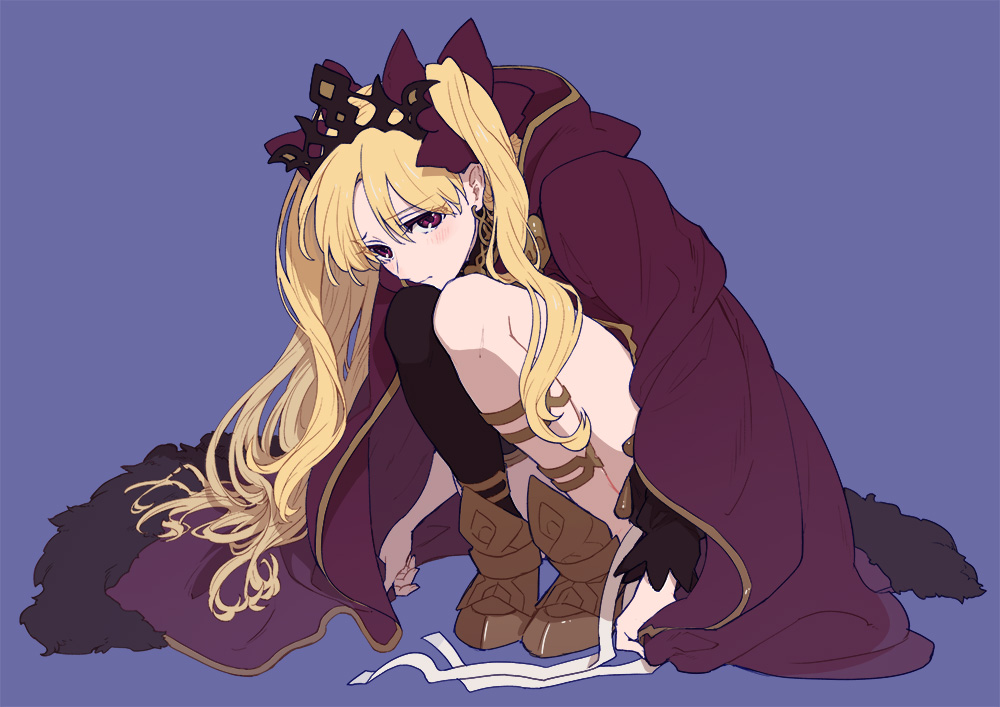 1girl blonde_hair blush bow cape earrings ereshkigal_(fate) fate/grand_order fate_(series) hair_bow hair_ribbon isshoku_(shiki) jewelry long_hair looking_at_viewer parted_bangs purple_background red_eyes ribbon simple_background skull solo squatting tiara tohsaka_rin two_side_up very_long_hair