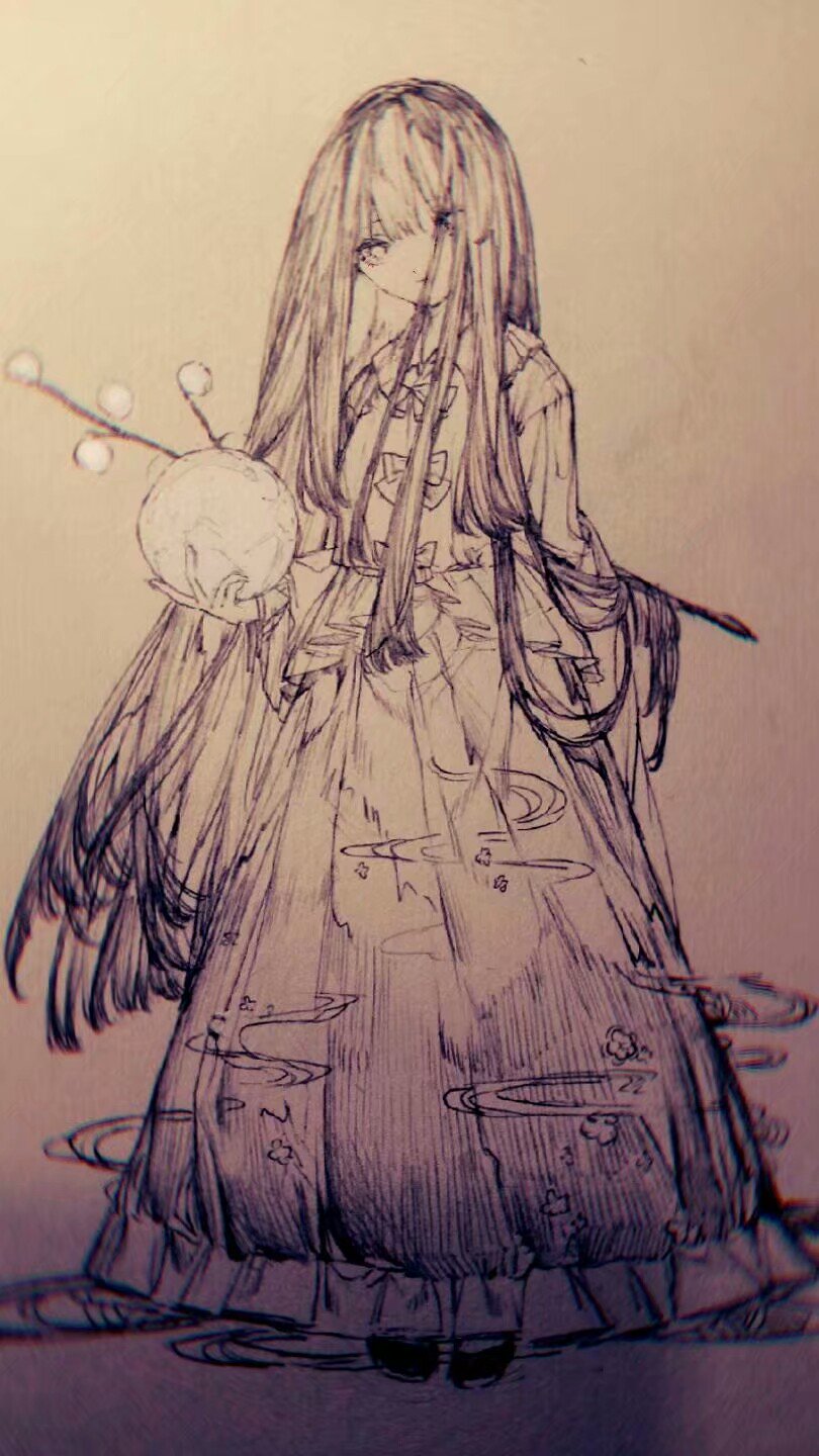 1girl bow bowtie branch dress full_body gas highres hime_cut holding houraisan_kaguya jeweled_branch_of_hourai long_hair long_skirt skirt solo touhou traditional_media wide_sleeves zhixie_jiaobu