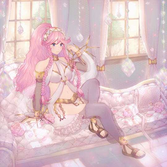 1girl brown_sandals couch dancer dress female_focus fire_emblem fire_emblem_awakening hairband lijupy nintendo olivia_(fire_emblem) pink_hair ponytail purple_eyes sandals sitting solo window