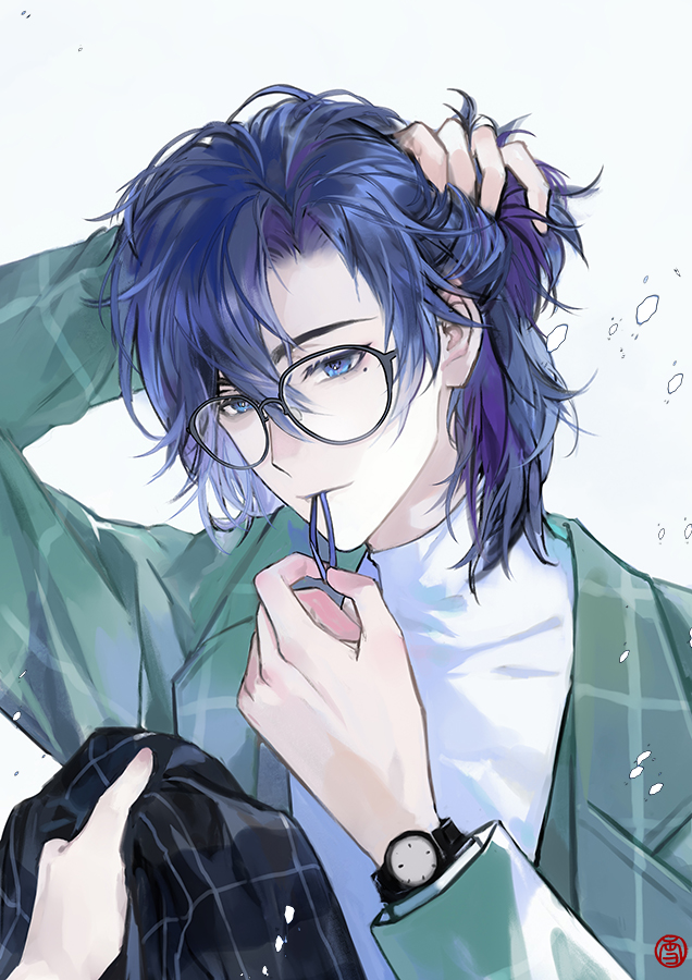 1boy aqua_jacket black_scarf blue_eyes blue_hair chinese_commentary clarence_clayden closed_mouth curtained_hair giving glasses hair_between_eyes hair_tie_in_mouth half_updo hand_up holding holding_unworn_clothes holding_unworn_scarf jacket lapels long_sleeves looking_at_another lovebrush_chronicles male_focus mole mole_under_eye mouth_hold notched_lapels out_of_frame plaid_clothes plaid_jacket plaid_scarf scarf seal_impression shirt simple_background solo turtleneck tying_hair unworn_scarf upper_body watch white_shirt wristwatch xuedaixun
