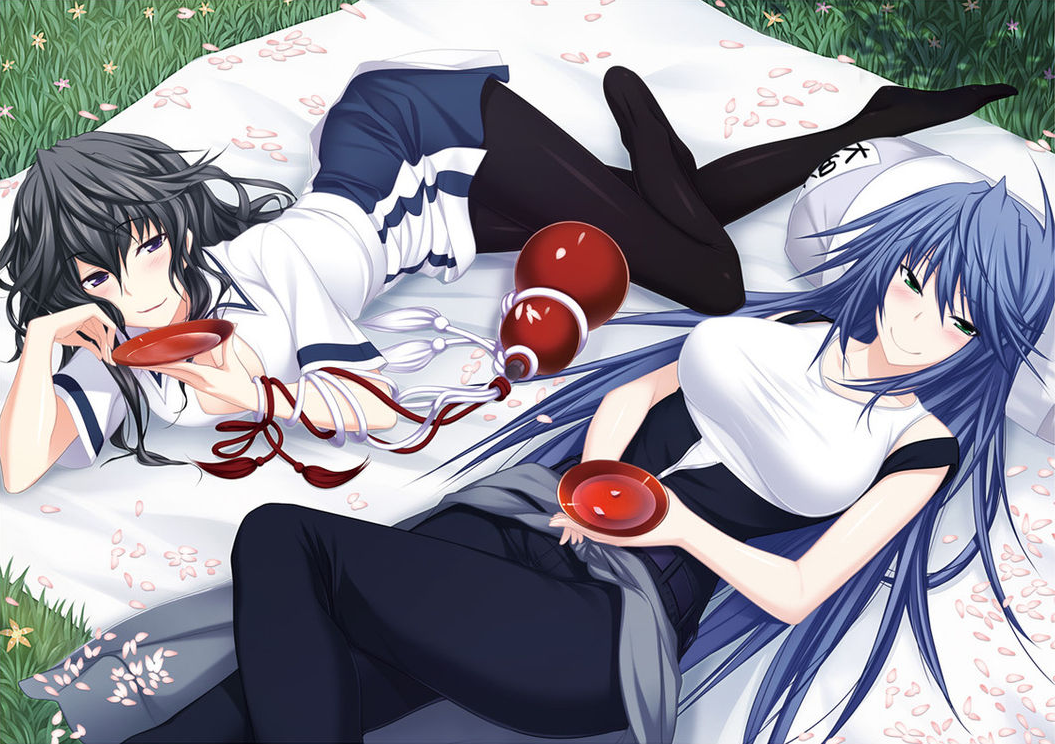 2girls black_hair blue_hair breasts cherry_blossoms cup drunk field grass green_eyes itagaki_tatsuko large_breasts long_hair looking_at_viewer lying maji_de_watashi_ni_koi_shinasai! maji_de_watashi_ni_koi_shinasai!_s medium_hair multiple_girls musashibou_benkei pantyhose petals purple_eyes