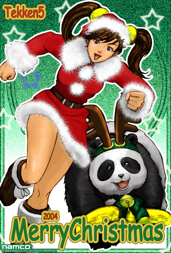 00s 2004 boots brown_hair christmas hat ling_xiaoyu namco official_art panda santa_costume santa_hat solo tekken tekken_3 tekken_4 tekken_5_(dark_resurrection) tekken_tag_tournament tekken_tag_tournament_2 twintails