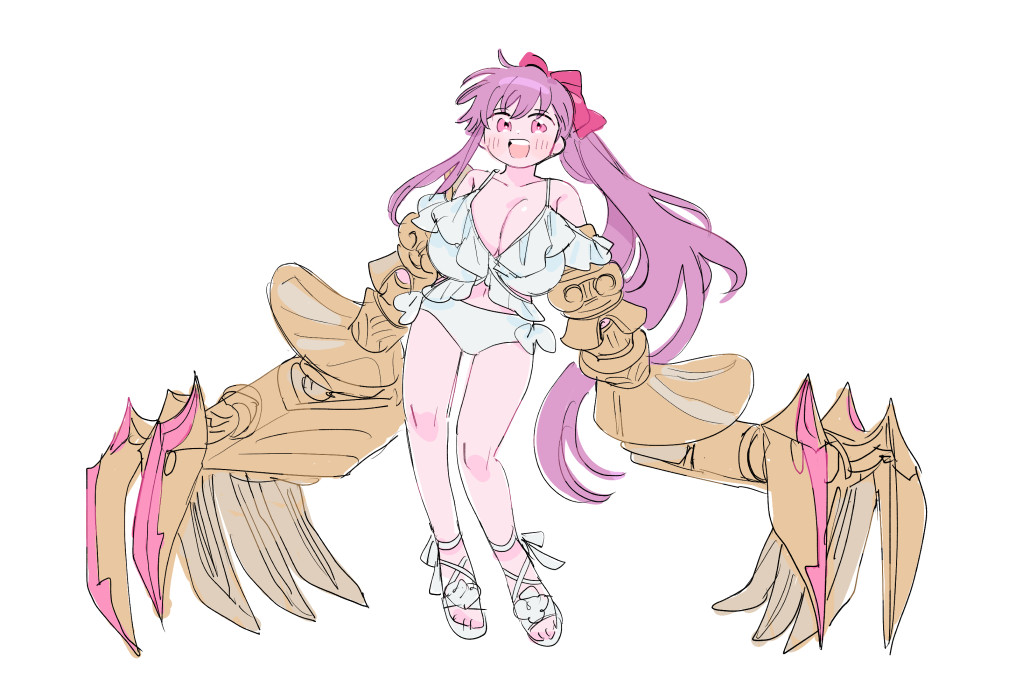 1girl alternate_costume alternate_hairstyle bikini bow breasts claw_(weapon) claws fate/extra fate/extra_ccc fate_(series) frilled_bikini frills full_body hair_bow huge_breasts large_breasts long_hair oneroom-disco passionlip_(fate) pink_bow pink_eyes ponytail purple_hair sandals simple_background single_sidelock smile solo swimsuit weapon white_background white_bikini white_sandals