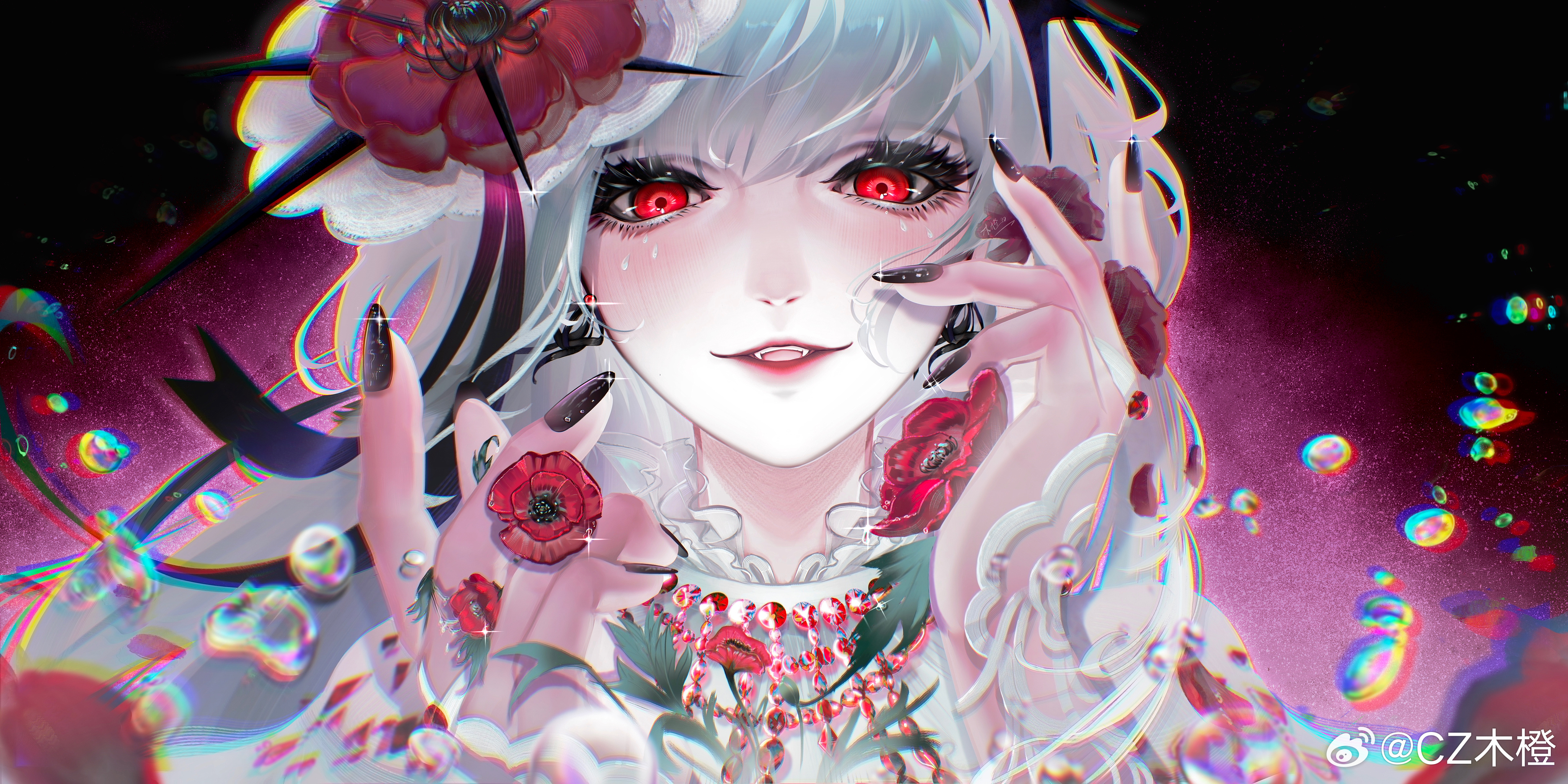 1girl absurdres air_bubble black_background black_nails blush bridal_gauntlets bubble chinese_commentary chromatic_aberration collar colored_eyelashes commentary coquelic_(path_to_nowhere) cz_mu_cheng eyelashes fang fascinator flower frilled_collar frills glitter_makeup gradient_background highres leaf lips looking_at_viewer path_to_nowhere petals poppy_(flower) portrait red_eyes red_flower red_petals ribbon_earrings signature smile solo straight-on teardrop_facial_mark teeth thorns upper_teeth_only watermark weibo_username weibo_watermark white_hair