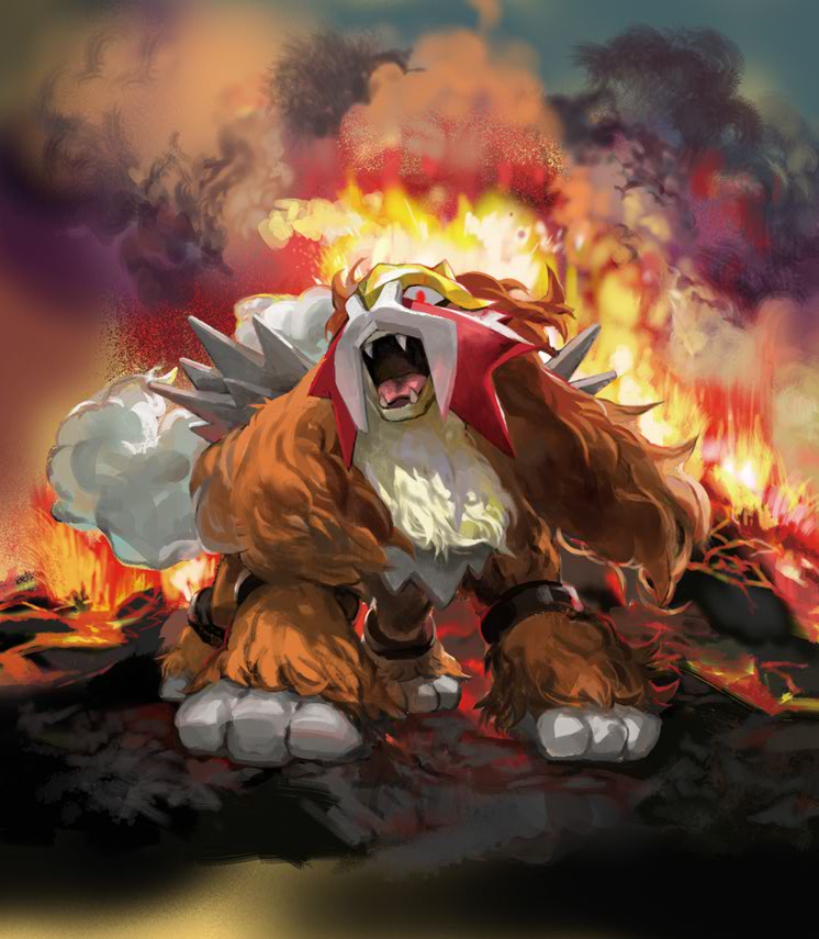 animal_focus entei eruption fangs full_body gen_2_pokemon kawaguchi_youhei lava legendary_pokemon nintendo no_humans official_art open_mouth pokemon pokemon_(creature) pokemon_focus pokemon_tcg red_eyes smoke solo third-party_source volcano