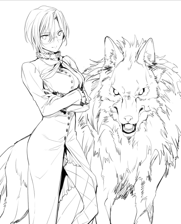1girl aozaki_touko aozaki_touko_(mahou_tsukai_no_yoru) glasses greyscale kara_no_kyoukai kuroemon lineart long_coat lugh_beowulf lugh_beowulf_(wolf) mahou_tsukai_no_yoru monochrome pantyhose wolf
