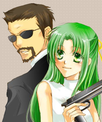 00s 1boy 1girl beard black_suit blush brown_hair facial_hair formal_clothes green_eyes green_hair gun hair_ribbon half_updo higurashi_no_naku_koro_ni kasai_tatsuyoshi long_hair lowres ribbon short_hair smile sonozaki_shion suit sunglasses weapon