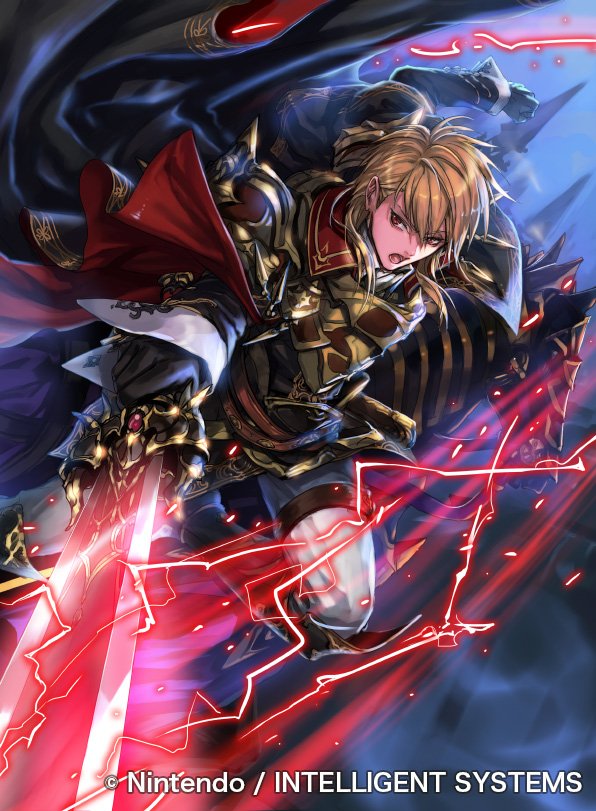 1boy ares_(fire_emblem) armor armored_boots blonde_hair boots brown_eyes cape company_connection copyright_name detached_sleeves fire_emblem fire_emblem:_genealogy_of_the_holy_war fire_emblem_cipher gloves glowing glowing_weapon holding holding_weapon kuroba.k male_focus night night_sky nintendo official_art open_mouth riding short_hair sky sword weapon