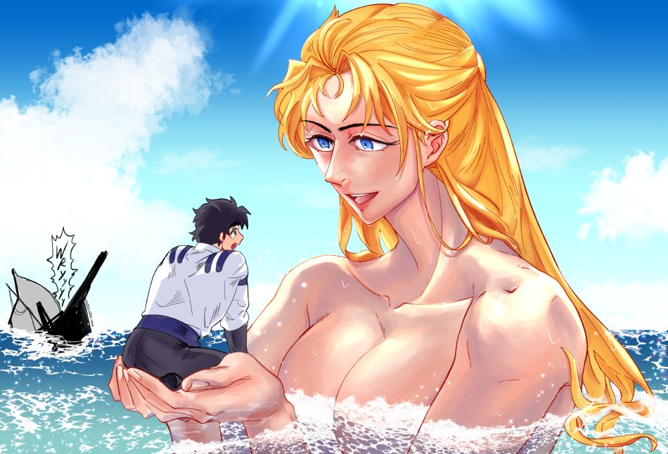 1girl ashblanc195 blonde_hair blue_eyes blue_sky breasts cleavage cloud couple erina_pendleton giant giantess hands_up hetero in_palm jojo_no_kimyou_na_bouken jonathan_joestar large_breasts long_hair looking_at_another open_mouth partially_submerged phantom_blood ship shirt short_hair size_difference sky smile water watercraft wryyyyyyyyyyyyyyyyyyyy