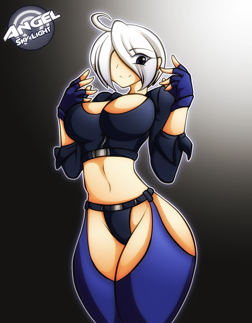 1girl angel_(kof) blue_eyes breasts curvy female_focus gloves hands_up huge_breasts jacket large_breasts leather pale_skin panties short_hair skylightdraws smile smiley_face standing the_king_of_fighters thick_thighs thighs underwear white_hair