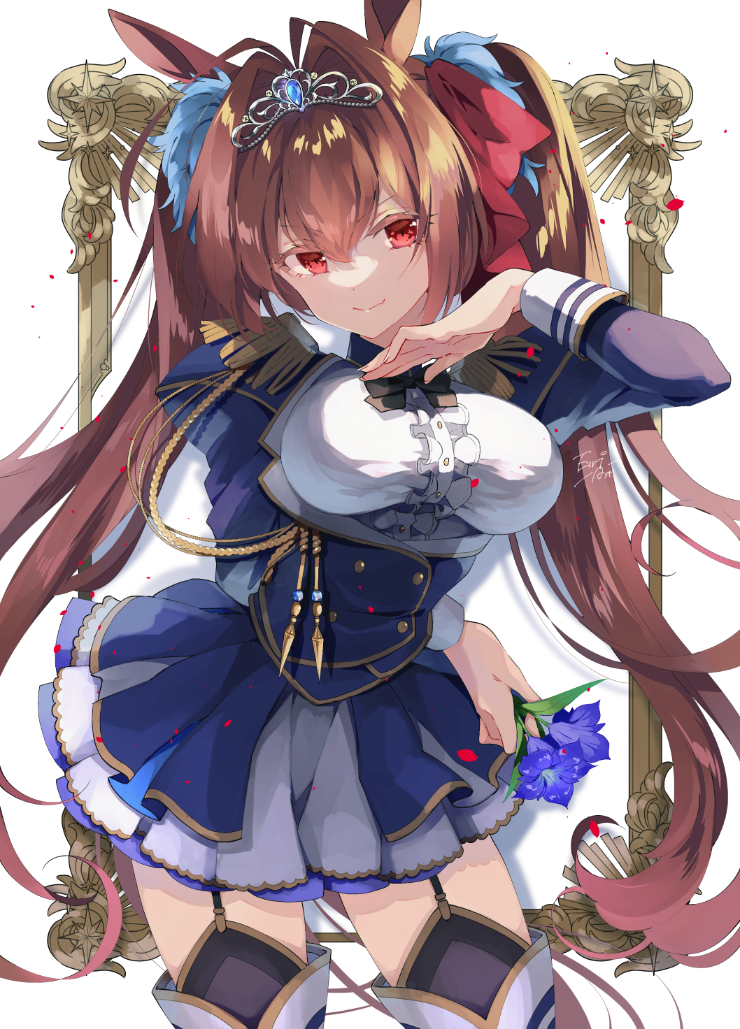 1girl animal_ears blue_skirt breasts brown_hair closed_mouth cowboy_shot crossed_bangs daiwa_scarlet_(umamusume) ebony_nightmare epaulettes flower garter_straps hair_intakes hand_up highres holding holding_flower horse_ears horse_girl large_breasts long_hair long_sleeves looking_at_viewer skirt smile solo thighhighs tiara twintails umamusume white_background