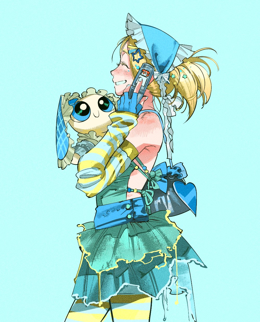 aqua_pantyhose aqua_skirt aqua_sleeves atie1225 backless_outfit bag blonde_hair blue_eyes blue_gloves blue_hat bonnet bubbles_(ppg) cellphone commentary cowboy_shot detached_sleeves fingerless_gloves flip_phone from_side gloves green_shirt green_skirt grin hair_ornament hairclip hand_up handbag hat highres holding holding_phone horizontal-striped_clothes layered_skirt medium_hair open_mouth pantyhose phone powerpuff_girls profile shirt simple_background single_detached_sleeve skirt smile standing star_(symbol) stuffed_toy symbol-only_commentary twintails two-tone_pantyhose two-tone_sleeves yellow_pantyhose yellow_sleeves