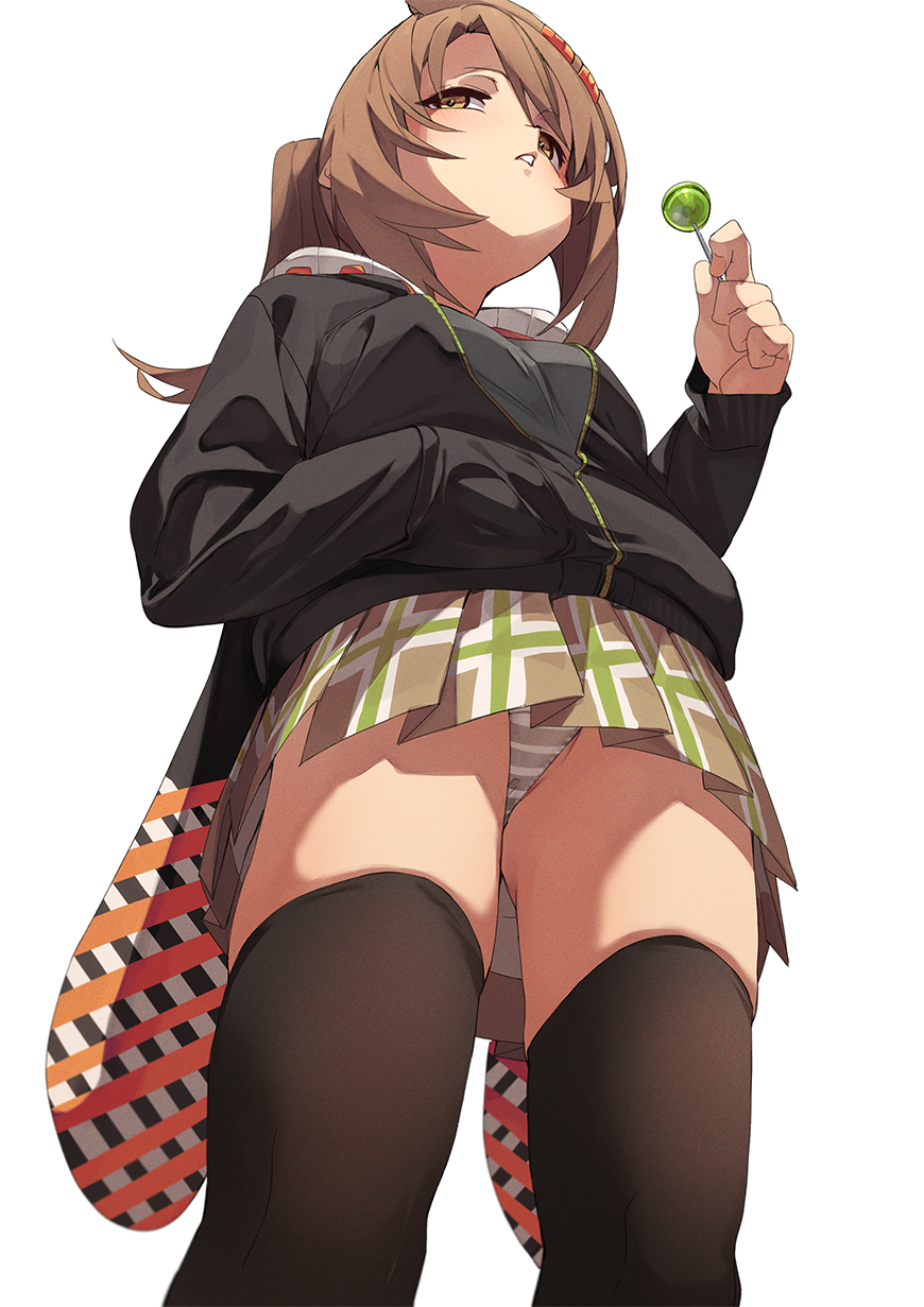 1girl black_jacket black_thighhighs brown_eyes brown_hair candy commentary_request food fu-ta hand_in_pocket highres holding holding_candy holding_food holding_lollipop jacket lollipop original panties pantyshot plaid_clothes plaid_skirt pleated_skirt simple_background skirt solo standing striped_clothes striped_panties thighhighs underwear usami_taiga white_background
