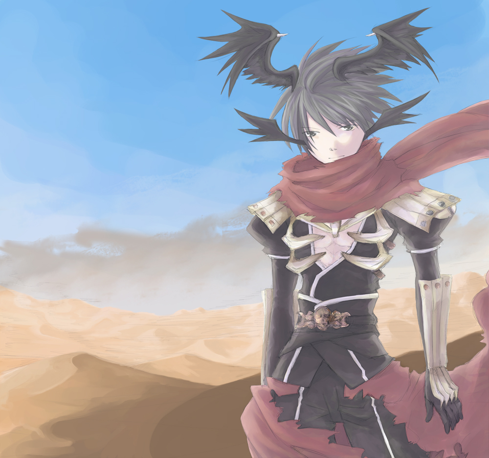 1boy 2000s_(style) armor assassin_cross_(ragnarok_online) black_eyes black_hair black_pants black_shirt black_wings blue_sky cape clear_sky closed_mouth commentary_request cowboy_shot desert expressionless feathered_wings head_wings looking_at_viewer male_focus outdoors pants pauldrons ragnarok_online red_cape red_scarf sand_dune scarf shirt short_hair shoulder_armor sky solo torn_cape torn_clothes torn_scarf vambraces waist_cape wings yuina_(yuina_h)