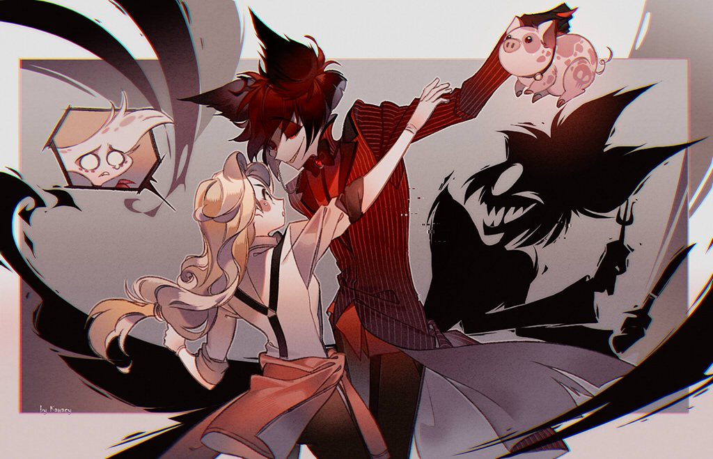 1girl 2boys alastor_(hazbin_hotel) angel_dust blonde_hair blush_stickers charlie_morningstar demon_boy demon_girl face-to-face fat_nuggets hazbin_hotel kawacy multiple_boys pig red_eyes sharp_teeth solo teeth