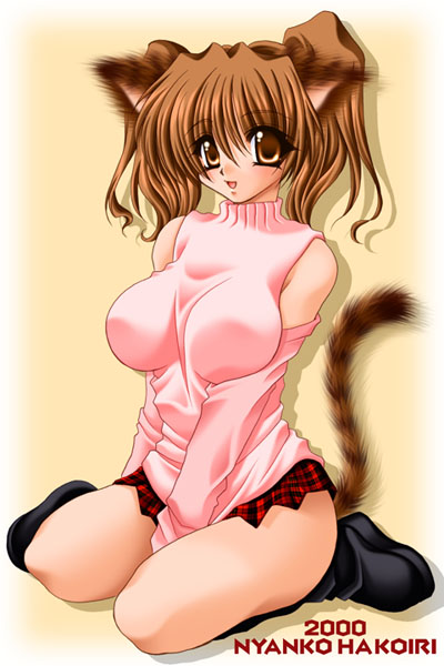 1girl 2000 :d animal_ears artist_name bad_id bare_shoulders between_legs black_boots boots breasts brown_eyes brown_hair cat_ears cat_girl cat_tail detached_sleeves drop_shadow eyes_visible_through_hair full_body hair_between_eyes hakoiri_nyanko hand_between_legs large_breasts long_sleeves medium_hair miniskirt open_mouth original pink_shirt pink_sleeves plaid_clothes plaid_skirt red_skirt shirt sitting skirt smile striped_tail tail tail_raised twintails wariza