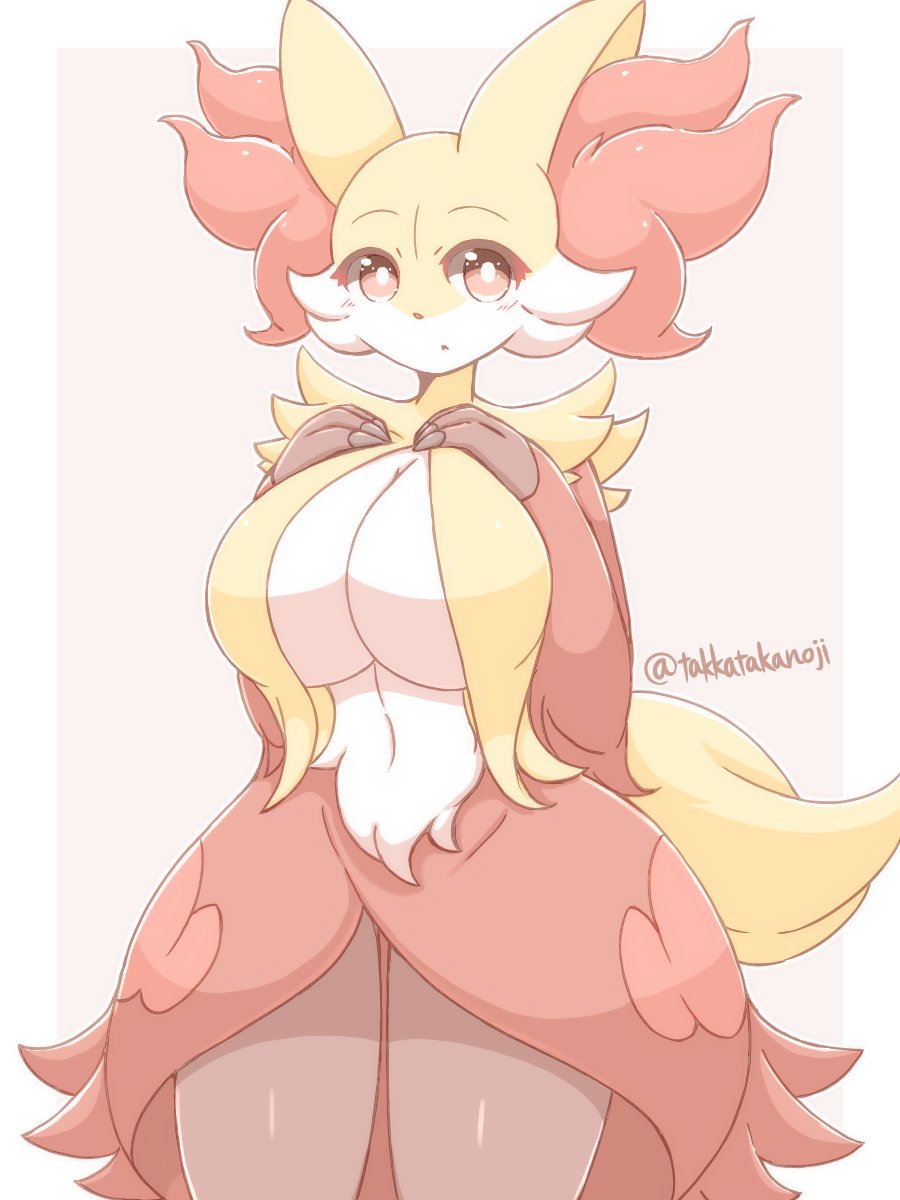 1girl 2021 big_breasts breasts delphox female female_focus fur furry gen_6_pokemon hands_on_chest highres light_blush looking_at_viewer nintendo pokemon pokemon_(creature) red_eyes solo takkatakanoji