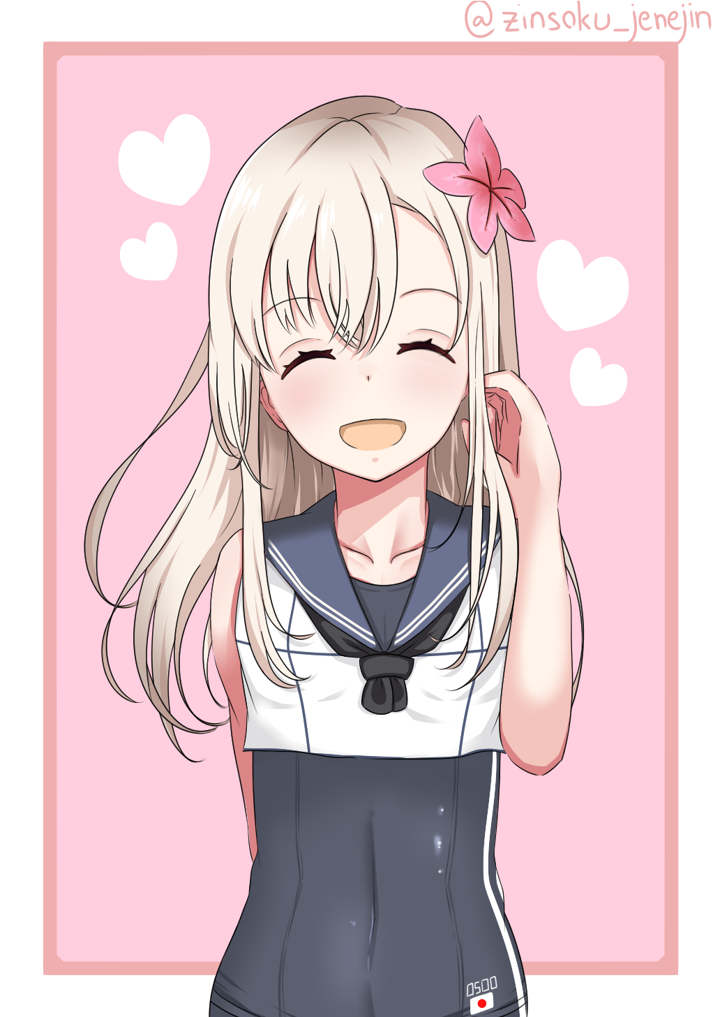 1girl black_neckerchief black_one-piece_swimsuit blonde_hair blue_sailor_collar character_name closed_eyes commentary_request cosplay cowboy_shot crop_top facing_viewer flower hair_flower hair_ornament heart highres jinjin_(jenejin) kantai_collection long_hair neckerchief one-piece_swimsuit pink_background ro-500_(kancolle) ro-500_(kancolle)_(cosplay) sailor_collar school_swimsuit sleeveless smile solo swimsuit swimsuit_under_clothes twitter_username u-511_(kancolle)