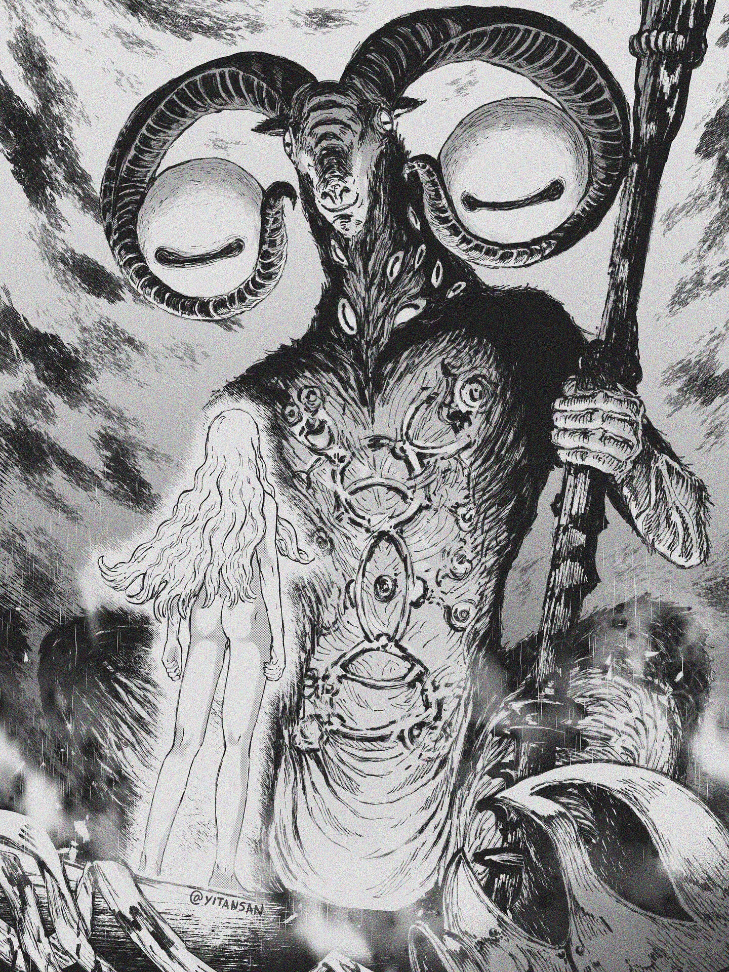 2boys androgynous balance_scale barefoot berserk body_piercings crossover disembodied_eye elden_ring elden_ring_nightreign extra_eyes facing_viewer from_behind goat_horns goat_legs griffith_(berserk) helmet highres horns libra_(elden_ring) long_hair mage_staff multiple_boys nude signature unworn_headwear very_big_eyes weighing_scale yitansan