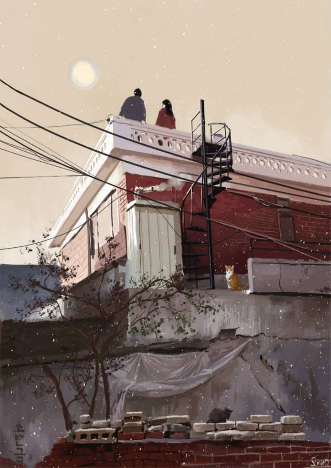 1boy 1girl animal brick_wall building cable cat looking_at_viewer original power_lines slow_d spiral_staircase stairs window