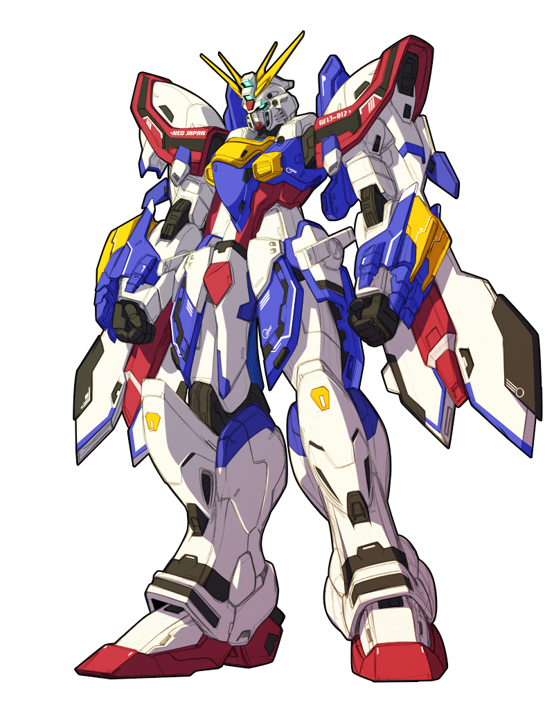 clenched_hands g_gundam glowing god_gundam green_eyes gundam haganef mecha no_humans robot science_fiction solo super_robot v-fin