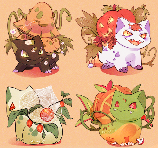 alternate_color apple apple_slice appletun autumn brown_background chinese_lantern_(plant) commentary creatures_(company) english_commentary fangs food fruit full_body fusion game_freak gen_1_pokemon gen_3_pokemon gen_8_pokemon ivysaur jack-o&#039;-lantern nintendo no_humans open_mouth plant pokemon pokemon_(creature) pumpkin red_eyes shroomish sleepytroll vines