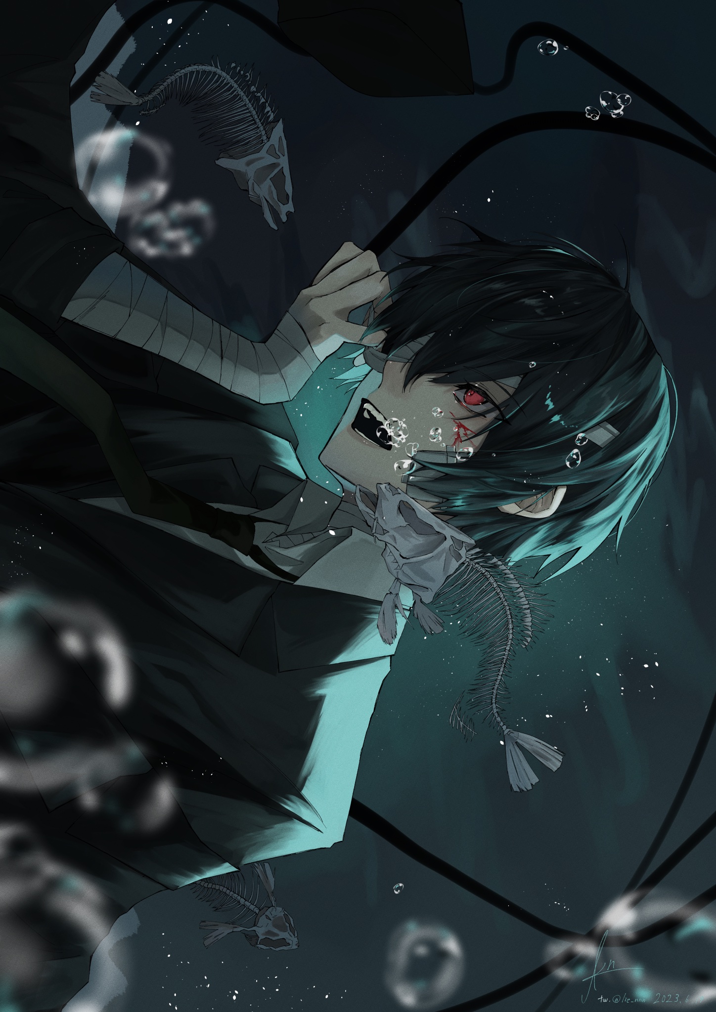 1boy bandage_over_one_eye bandaged_arm bandaged_neck bandages black_hair black_jacket black_necktie blood blood_on_face bungou_stray_dogs collared_shirt dazai_osamu_(bungou_stray_dogs) fish_skeleton hand_up highres jacket lie_nnn male_focus necktie open_mouth red_eyes shirt short_hair sideways smile solo underwater upper_body white_shirt