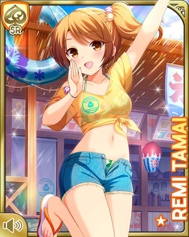 1girl :d arm_up beach bikini brown_eyes brown_hair card_(medium) character_name cowboy_shot day denim denim_shorts flip-flops girlfriend_(kari) green_bikini looking_at_viewer low_twintails ocean official_art open_mouth outdoors qp:flapper sand sandals see-through_clothes see-through_shirt shirt short_shorts shorts sky smile solo standing swimsuit tamai_remi thighs twintails water yellow_shirt