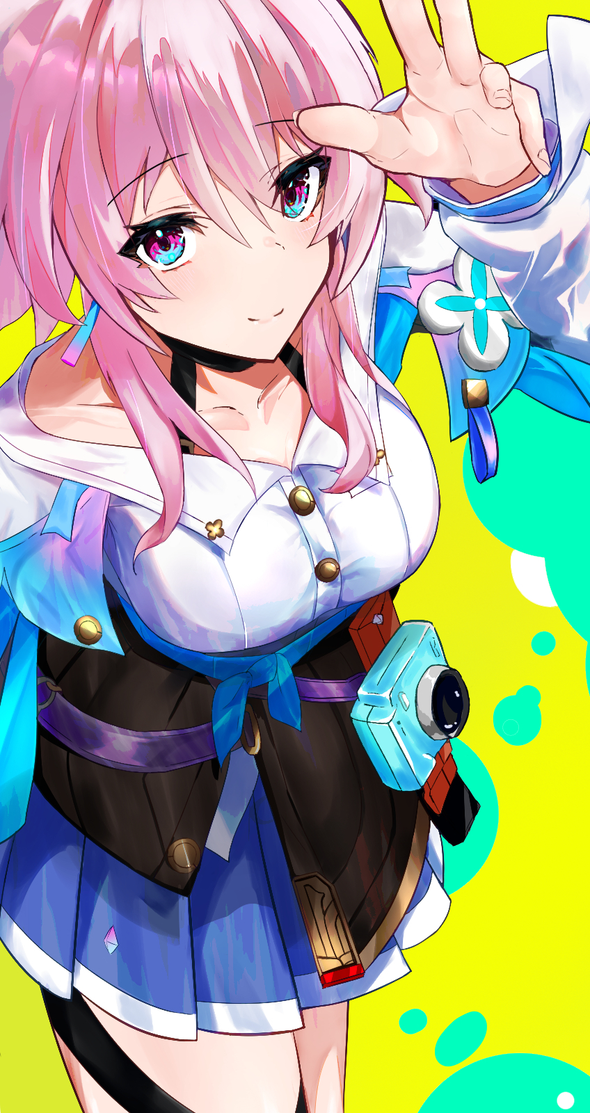 1girl aka_(mxra3722) black_choker black_overskirt black_skirt blue_eyes blue_skirt bra_strap breasts buttons camera choker collarbone commentary cowboy_shot earrings flower_ornament hand_up highres honkai:_star_rail honkai_(series) jacket jewelry long_sleeves looking_at_another march_7th_(honkai:_star_rail) march_7th_(preservation)_(honkai:_star_rail) medium_breasts medium_hair miniskirt multicolored_eyes off-shoulder_jacket off_shoulder open_hand overskirt pink_eyes pink_hair pleated_skirt shirt single_earring skirt solo thigh_strap tied_jacket two-tone_eyes underbust white_shirt