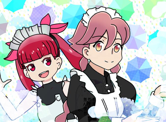 anime_coloring apocalypse_hotel border braid brown_eyes irodori_(irodoriginal) kemurikusa looking_at_viewer m78yuri outline pink_hair rina_(kemurikusa) shirt smile solo standing tatsuki_(irodori)_(style) tatsuki_(person) twin_braids twintails white_border yachiyo_(apocalypse_hotel) yellow_shirt