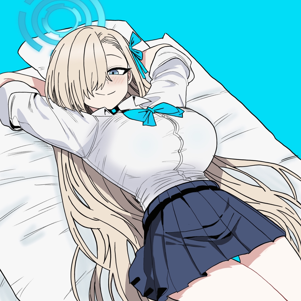 1girl asuna_(blue_archive) asuna_(school_uniform)_(blue_archive) blonde_hair blue_archive blue_bow blue_bowtie blue_eyes blue_halo blue_skirt blush bow bowtie breasts choker commentary hair_over_one_eye hair_ribbon halo hmzeus large_breasts long_hair looking_at_viewer lying on_bed pleated_skirt ribbon shirt skirt sleeves_rolled_up smile solo thighs very_long_hair white_shirt