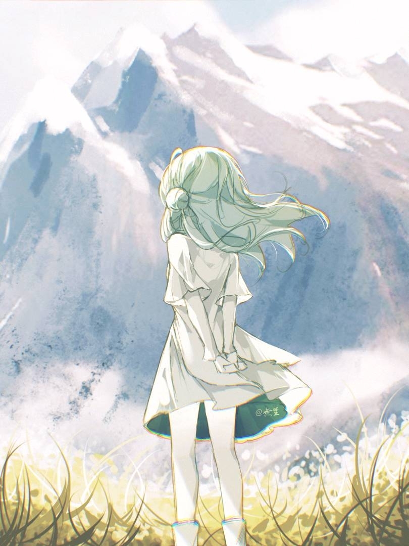1girl aged_down arms_behind_back child day dress facing_away feet_out_of_frame floating_hair from_behind grass grey_hair hair_bun layered_sleeves long_hair long_sleeves mountain outdoors own_hands_together reverse:1999 short_dress short_over_long_sleeves short_sleeves single_side_bun sky snow solo standing vertin_(reverse:1999) white_dress white_footwear white_sky wusheng_shuibuxing
