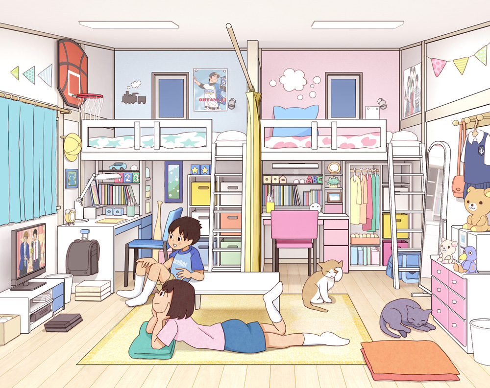 1boy 1girl absurdly_detailed_composition blue_skirt brother_and_sister brown_hair brown_shorts carpet cat chabudai_(table) chair curtains desk fixed-point_camera indoors kiyo_(kyokyo1220) korilakkuma loaded_interior loft_bed lying mirror on_floor on_stomach ootani_shouhei original pink_shirt poster_(object) rilakkuma san-x shirt short_hair shorts siblings sitting skirt smile stuffed_animal stuffed_toy table teddy_bear television time_lapse watching_television window