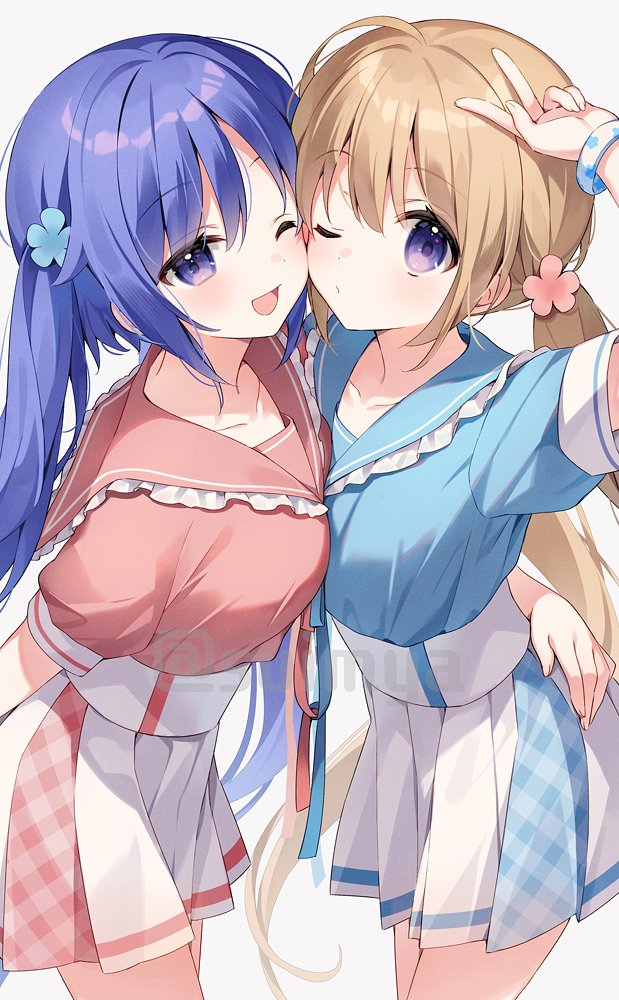 2girls aqua_ribbon aqua_sailor_collar aqua_shirt arm_behind_back arm_up armlet blonde_hair blue_eyes blue_hair breast_press breasts cheek-to-cheek closed_mouth flower frilled_sailor_collar frills hair_flower hair_ornament hakka_(suimya) hand_on_another&#039;s_waist heads_together jewelry kurone_(suimya) long_hair looking_at_viewer medium_breasts multiple_girls one_eye_closed open_mouth original pink_ribbon pink_sailor_collar pink_shirt ribbon sailor_collar shirt sidelocks simple_background skirt smile suimya symmetrical_docking twintails twitter_username v very_long_hair white_background white_skirt yuri