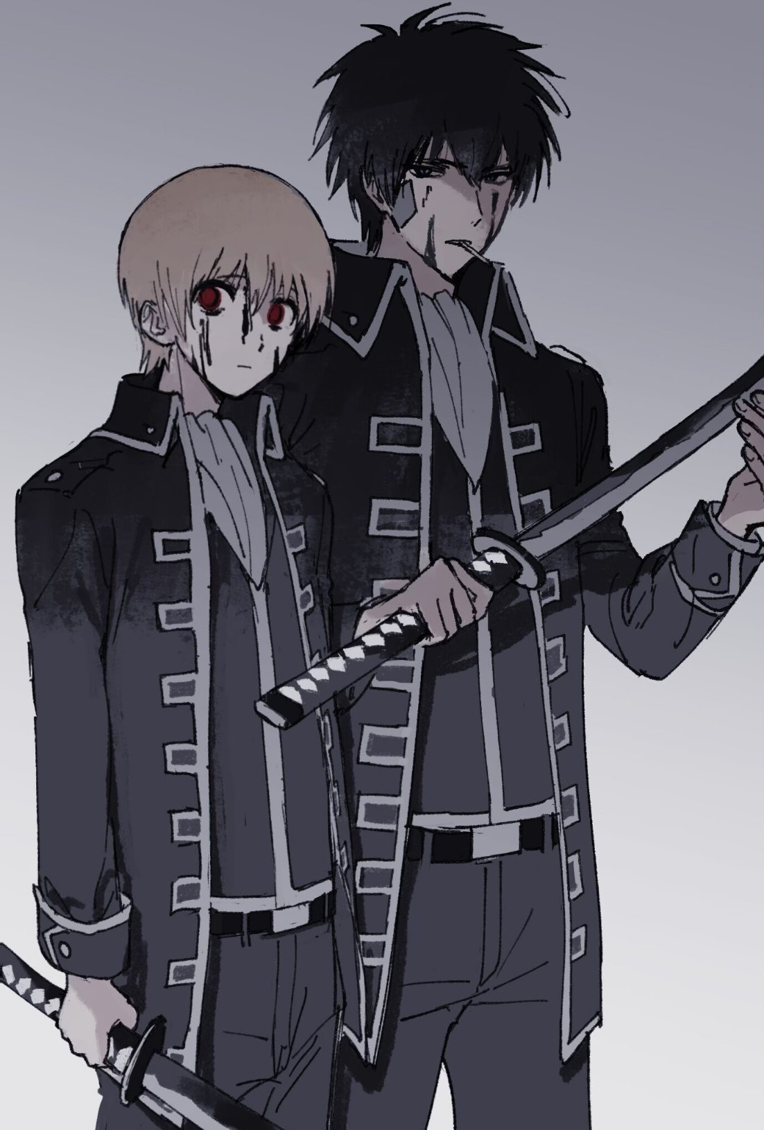 2boys arms_at_sides ascot bandage_on_face bandages belt black_belt black_eyes black_hair black_jacket black_pants black_vest blonde_hair dirty dirty_face empty_eyes facing_to_the_side gintama highres hijikata_toushirou holding holding_sword holding_weapon jacket lollipop_in_mouth looking_to_the_side male_focus military_uniform multiple_boys novale110 okita_sougo open_clothes open_jacket pants popped_collar red_eyes shinsengumi_(gintama) side-by-side sword vest weapon white_ascot white_background