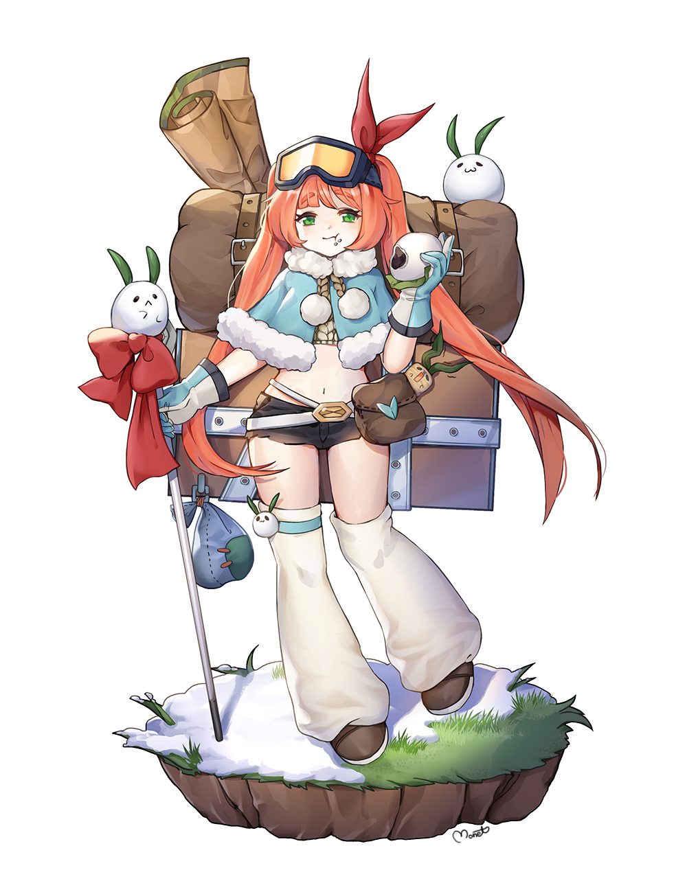 1girl artist_name backpack bag bedroll black_shorts blue_gloves bow cane character_request chewing copyright_request female_focus food fur_trim gloves green_eyes highres long_hair looking_at_viewer map midriff monet930 navel orange_hair red_bow short_shorts shorts snow snow_rabbit solo standing very_long_hair visor white_legwear