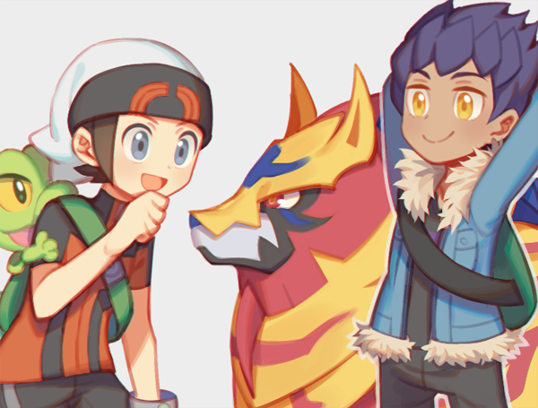 2boys :d backpack bag beanie bracelet brendan_(pokemon) brown_hair closed_mouth commentary_request fur-trimmed_jacket fur_trim gen_3_pokemon gen_8_pokemon green_bag grey_eyes hand_up hat hop_(pokemon) jacket jewelry legendary_pokemon male_focus multiple_boys nintendo open_clothes open_jacket open_mouth pants pokemon pokemon_(creature) pokemon_oras pokemon_swsh purple_hair shirt short_hair short_sleeves smile treecko white_headwear wusagi2 zamazenta