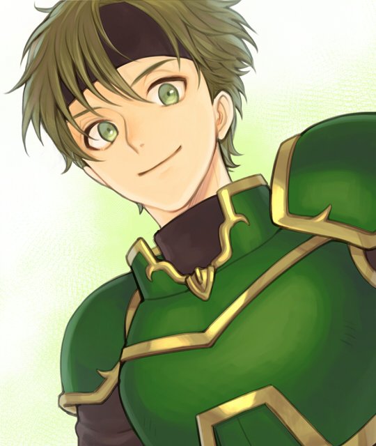 1boy armor brown_hair fire_emblem fire_emblem:_the_blazing_blade green_armor green_eyes headband kiyuu looking_at_viewer male_focus nintendo pauldrons sain_(fire_emblem) shoulder_armor smile solo white_background