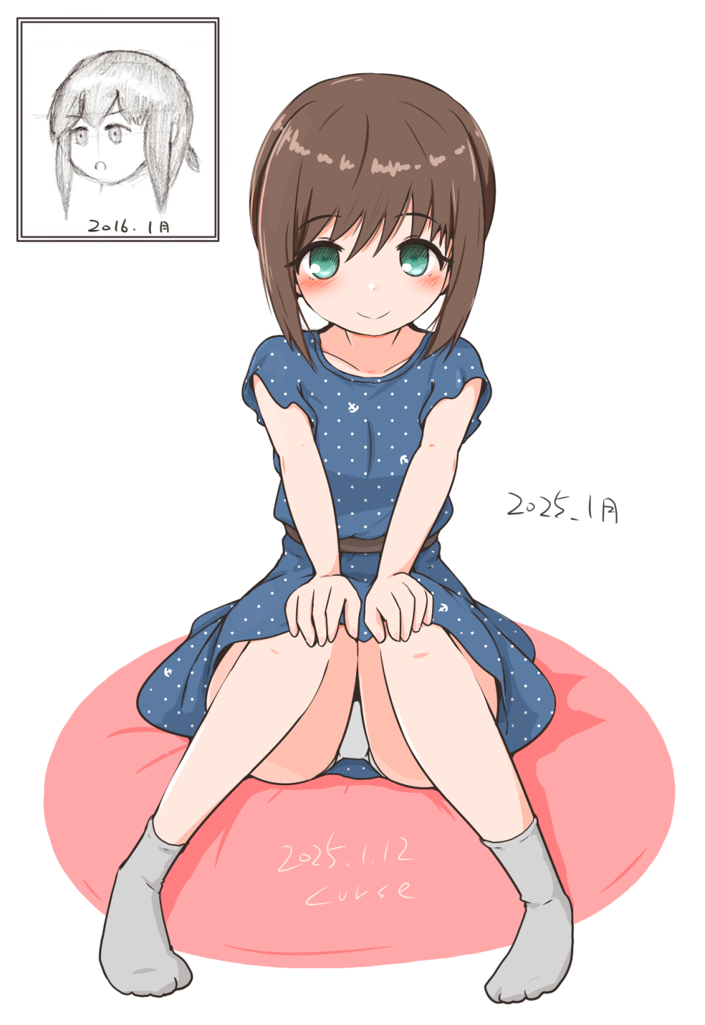 1girl anchor_print ankle_socks artist_progress belt black_belt blue_dress blush brown_hair collar commentary_request curse_(023) dated dress fubuki_(kancolle) fubuki_(spring)_(kancolle) full_body green_eyes grey_socks hair_between_eyes hands_on_own_knees highres kantai_collection knees_up looking_at_viewer medium_hair multiple_views no_jacket official_alternate_costume panties pantyshot polka_dot polka_dot_dress short_sleeves sidelocks signature simple_background sitting smile socks underwear white_background white_panties