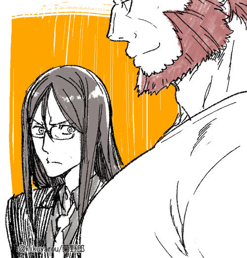 2boys bara fate/grand_order fate_(series) from_side frown girl_staring_at_guy&#039;s_chest_(meme) glasses head_out_of_frame iskandar_(fate) kikuyarou large_pectorals long_hair looking_at_another looking_at_pectorals lord_el-melloi_ii male_focus mature_male meme multiple_boys muscle_envy muscular muscular_male muted_color pectorals shirt short_hair smile t-shirt two-tone_background upper_body waver_velvet yaoi