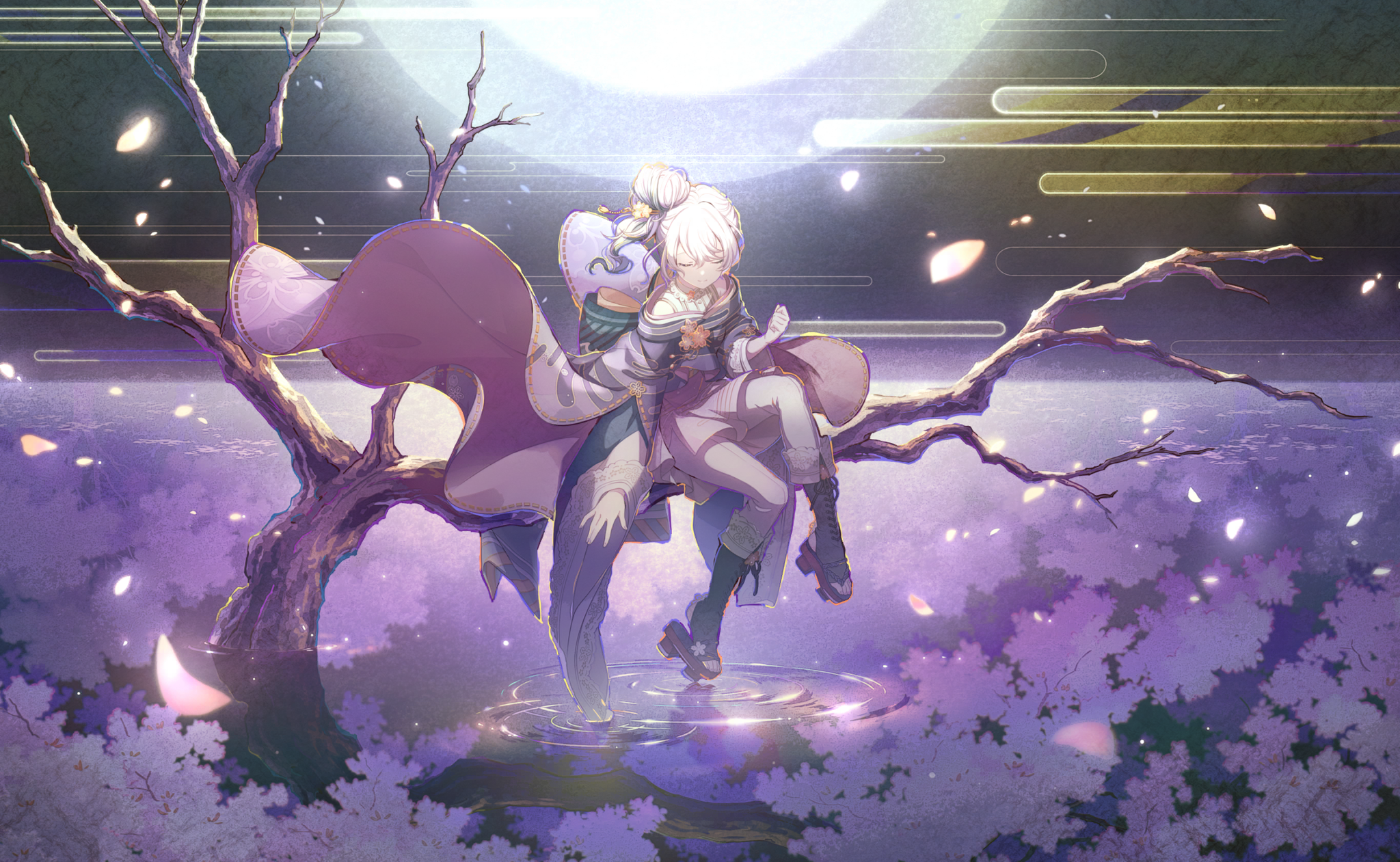 1girl 25-ji_miku 25-ji_nightcord_de._(project_sekai) back_bow bare_tree black_footwear boots bow branch cherry_blossoms clenched_hand closed_eyes closed_mouth colorful_palette dark_background diagonal-striped_bow different_reflection doily dot_nose fingernails floral_print flower full_moon geta glowing glowing_petals green_bow green_kimono grey_kimono grey_pants hair_between_eyes hair_bun hair_flower hair_ornament hair_strand hairpin hatsune_miku high_collar highres horizon in_tree japanese_clothes kimono knee_boots lace lace-trimmed_boots lace-trimmed_sleeves lace-up_boots lace_trim lake light_particles moon moonlight off_shoulder official_art open-toe_boots outline pants petals pink_flower project_sekai purple_theme reflection ripples sekai_no_sakura_tsunagaru_omoi_(project_sekai) sidelocks simple_background sitting sitting_in_tree smile solo steam striped_bow toes tree very_long_sleeves vocaloid water white_hair wide_shot wide_sleeves