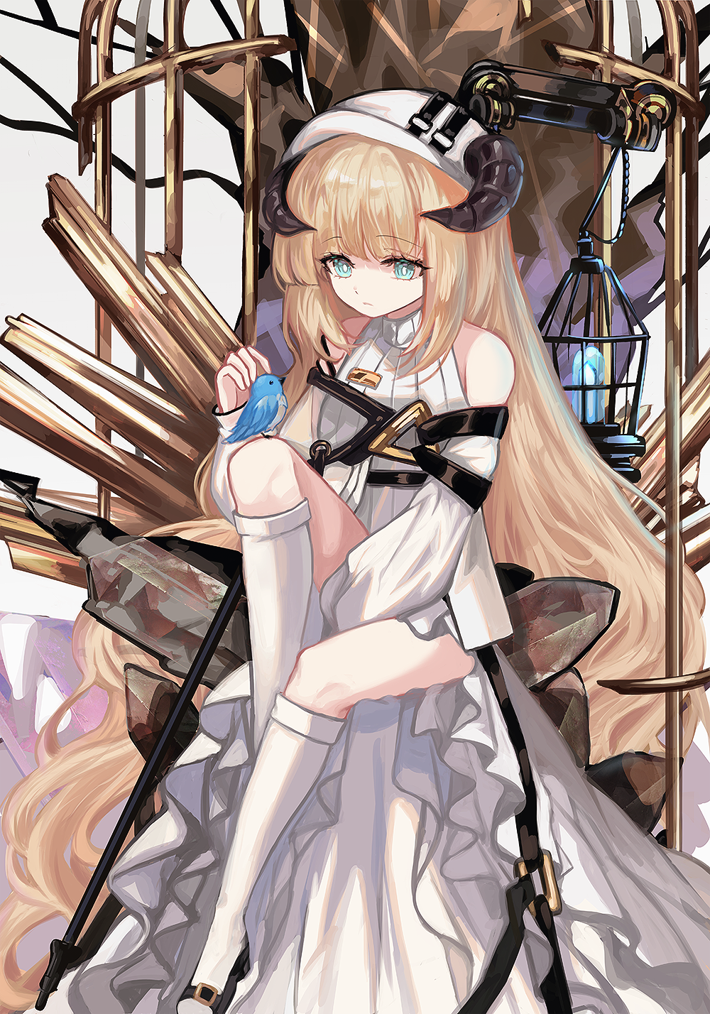 1girl animal aqua_eyes arknights arm_between_legs bare_shoulders between_legs bird bird_on_knee black_horns black_shoes blonde_hair blue_bird bright_pupils closed_mouth commentary dress frilled_dress frills full_body hand_between_legs hat hetchi_(c_oda) highres horns knee_up kneehighs leg_up long_dress long_hair long_sleeves looking_at_animal looking_down nightingale_(arknights) nightingale_(iakhu_of_flows)_(arknights) official_alternate_costume shoes sitting socks solo train_(clothing) very_long_hair white_dress white_hat white_pupils white_socks