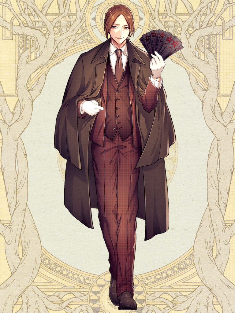 1boy adjusting_clothes brown_coat brown_eyes brown_hair brown_jacket brown_necktie brown_pants brown_shoes brown_suit brown_vest coat coat_on_shoulders collared_shirt dairoku_ryouhei formal_clothes full_body gloves hand_up holding jacket kamino_tokiwa loafers long_sleeves looking_at_viewer male_focus morino_bambi necktie open_clothes open_jacket pants parted_bangs parted_lips plaid_clothes plaid_jacket plaid_pants plaid_vest shirt shoes short_hair sidelocks smirk solo standing suit suit_jacket talisman vest white_gloves white_shirt yellow_background