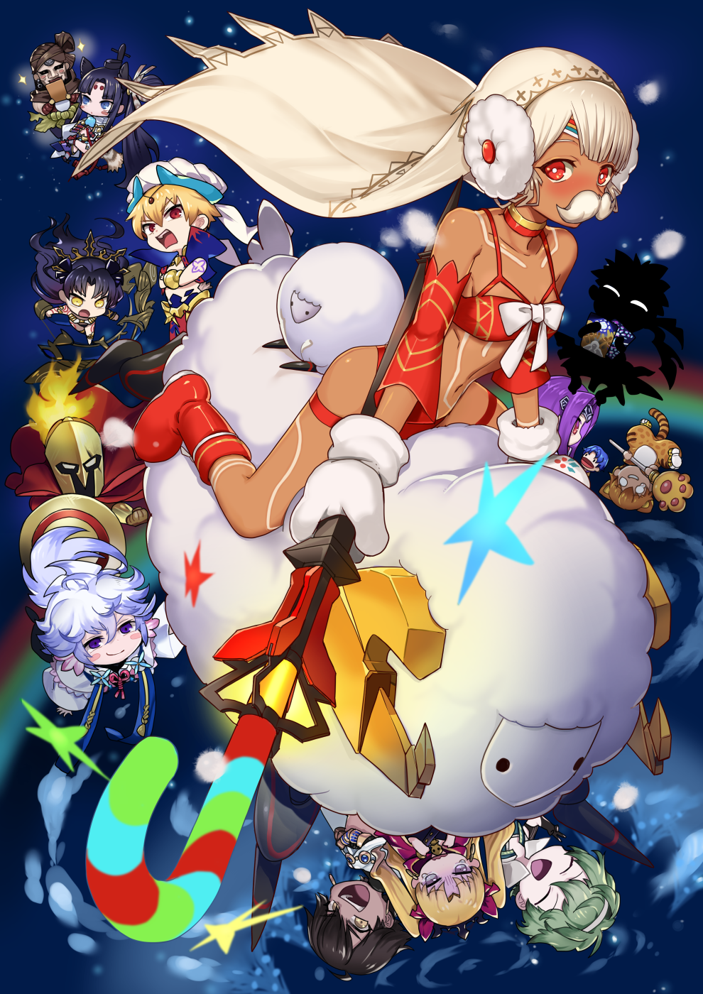 6+boys 6+girls altera_(fate) altera_the_santa_(fate) angra_mainyu_(fate) angry blonde_hair blue_hair boots brown_hair candy candy_cane cape chibi christmas closed_eyes closed_mouth crossed_arms dark-skinned_female dark-skinned_male dark_skin david_(fate) detached_sleeves dumuzid_(fate) ereshkigal_(fate) facial_hair fake_facial_hair fate/grand_order fate_(series) fire food gilgamesh gilgamesh_(caster)_(fate) gilgamesh_(fate) green_hair helmet highres holding holding_candy holding_candy_cane holding_food holding_polearm holding_weapon ishtar_(fate) jaguarman_(fate) lance laughing leonidas_(fate) long_hair long_sleeves looking_at_another matou_shinji medium_hair medusa_(fate) medusa_(lancer)_(fate) medusa_(rider)_(fate) merlin_(fate) mittens multiple_boys multiple_girls musashibou_benkei_(fate) mustache nora_(norabox) open_mouth ozymandias_(fate) polearm purple_eyes purple_hair red_cape red_eyes rider riding riding_animal sheep smile snow star_(sky) teeth tongue turban upper_teeth_only ushiwakamaru_(fate) weapon white_hair white_mittens wool yellow_eyes