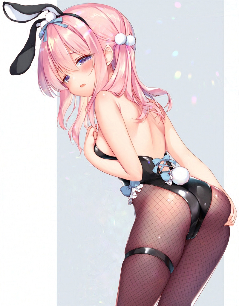 1girl animal_ears ass bare_shoulders black_leotard black_pantyhose blush breasts cameltoe fake_animal_ears fake_tail fishnet_pantyhose fishnets from_behind hand_on_own_ass hand_on_own_chest leaning_forward leotard long_hair looking_back original pantyhose pink_eyes pink_hair playboy_bunny rabbit_ears rabbit_tail ribbon sazaki_ichiri solo strapless strapless_leotard tail thigh_strap thighs