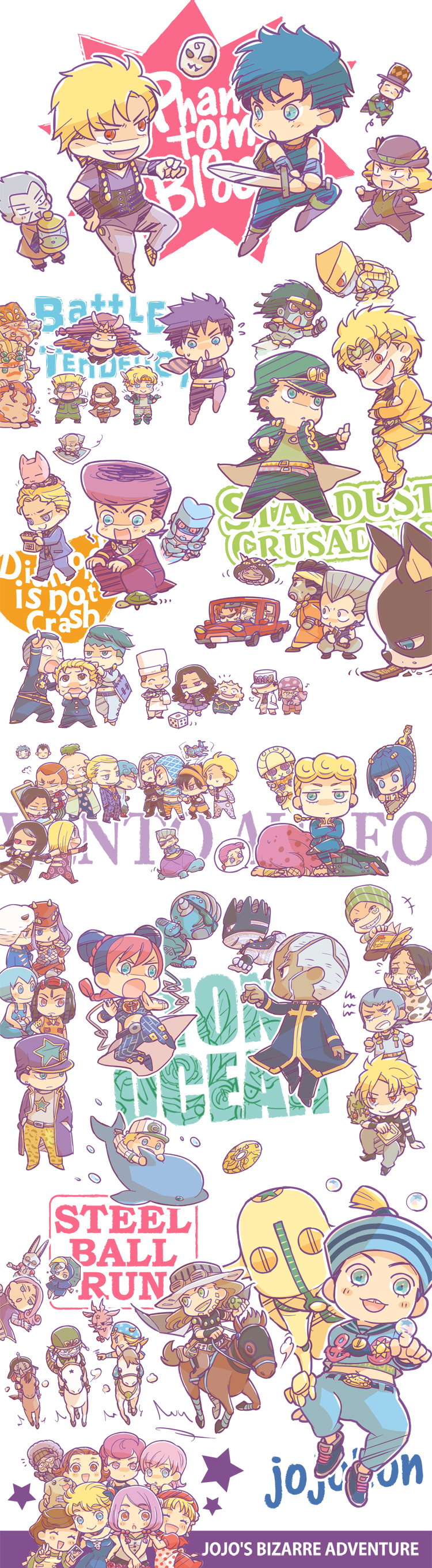 6+boys 6+girls absolutely_everyone absurdres aerosmith_(stand) angry arnold_(jojo) bandana battle_tendency blackmore blonde_hair blue_hair bruno_bucciarati buck_teeth bun_cover caesar_anthonio_zeppeli cante chibi coco_jumbo copyright_name crazy_diamond cream_(stand) dark-skinned_male dark_skin diamond_is_not_crash diamond_wa_kudakenai diavolo diego_brando dio_brando dirty_deeds_done_dirt_cheap dixie_cup_hat dog donatello_versus double_bun emporio_alnino enrico_pucci enya_geil erina_pendleton ermes_costello esidisi everyone father_and_son foo_fighters_(jojo) formaggio funny_valentine gakuran gelato_(jojo) ghiaccio giorno_giovanna gold_experience gold_experience_requiem green_baby_(jojo) guido_mista gyro_zeppeli hair_bun hands_in_pockets happy hat higashikata_josuke higashikata_josuke_(jojolion) highres hirose_koichi hirose_yasuho horse hot_pants_(sbr) iggy_(jojo) illuso jean_pierre_polnareff johnny_joestar jojo_no_kimyou_na_bouken jojolion jonathan_joestar joseph_joestar joseph_joestar_(old) joseph_joestar_(young) kakyoin_noriaki kars_(jojo) killer_queen kira_yoshihiro kira_yoshikage kishibe_rohan kuujou_holly kuujou_jolyne kuujou_joutarou leone_abbacchio lisa_lisa long_image looking_at_viewer lucy_steel made_in_heaven_(stand) melone military_hat mohammed_avdol multiple_boys multiple_girls narancia_ghirga narciso_anasui nijimura_okuyasu pannacotta_fugo pesci phantom_blood pompadour prosciutto_(jojo) red_eyes rikiel risotto_nero robert_e._o._speedwagon rudolph_von_stroheim running santana_(jojo) scary_monsters_(stand) school_uniform shizuka_joestar simple_background smile soft_&amp;_wet sorbei sorbet_(jojo) stand_(jojo) star_(symbol) star_platinum stardust_crusaders steel_ball_run stone_free stone_mask_(jojo) stone_ocean sugimoto_reimi suzi_q tall_image teeth the_world tonio_trussardi trish_una turtle tusk_(stand) tusk_act1 ungaro vanilla_ice vento_aureo vinegar_doppio wain08 wamuu wang_chan weather_report weather_report_(stand) white_background whitesnake_(stand) will_anthonio_zeppeli yamagishi_yukako yangu_shigekiyo zipper