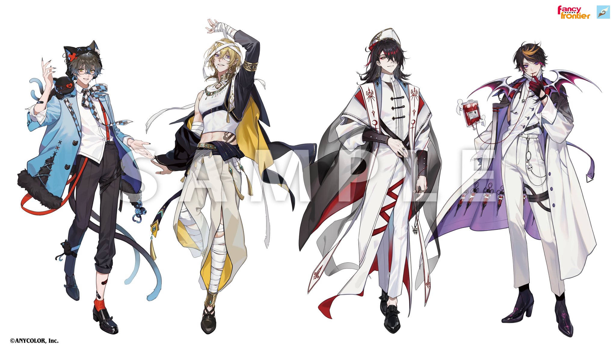 4boys animal animal_ears animal_hat animal_on_shoulder anklet argyle_bow argyle_bowtie argyle_clothes arm_out_of_sleeve arm_up asymmetrical_sleeves bandaged_arm bandaged_head bandaged_leg bandages bandaid bandaid_on_arm bandaid_on_leg bat_wings beanie belt wallet_chain black_cape black_coat black_footwear black_hair black_headwear black_jacket black_nails black_pants black_sash black_shawl blonde_hair blood blood_bag blue_hair blue_jacket boots buttons cape cat_boy cat_button cat_ears cat_tail closed_mouth clothing_cutout coat coat_stash collared_shirt commentary copyright_notice cropped_shirt cuff_links earrings ears_through_headwear english_commentary eyeliner eyewear_strap fingernails floating floating_object fur-trimmed_jacket fur_trim glasses gloves gold_belt gold_trim gradient_clothes gradient_coat green_eyes grey_pants hair_between_eyes hair_ornament hair_over_one_eye half_gloves halloween_costume hand_in_pocket hand_up hat high_heel_boots high_heels highres holding holding_jewelry holding_necklace igote ike_eveland jacket jewelry lab_coat lapels leg_cutout loafers long_sleeves looking_at_viewer luca_kaneshiro luxiem makeup male_focus mask mask_pull medium_hair midriff mitre mouth_hold mouth_mask multicolored_hair multiple_boys multiple_tails mummy_costume nail_polish necklace nekomata nijisanji nijisanji_en notched_lapels off_shoulder official_art open_clothes open_coat open_jacket pants papa_(you_have_today) parted_lips pectorals pendant pendant_removed pink_hair priest puffy_long_sleeves puffy_sleeves purple_coat purple_eyes purple_hair red_eyeliner red_gloves red_hair red_socks robe sample_watermark sash see-through_clothes see-through_shawl sharp_fingernails shawl shikigami shirt shirt_partially_tucked_in shoes short_hair shu_yamino side_slit simple_background single_earring sleeve_rolled_up sleeveless sleeveless_shirt sleeveless_turtleneck smile socks stole stomach_tattoo streaked_hair stuffed_animal stuffed_cat stuffed_toy surgical_mask suspenders suspenders_slip swept_bangs syringe tail tassel tattoo thigh_strap thumb_ring turtleneck two-sided_coat two-sided_fabric two-sided_jacket two_tails uneven_sleeves vampire virtual_youtuber vox_akuma watermark white_background white_coat white_headwear white_pants white_robe white_shirt wings x_hair_ornament yellow_eyes yellow_jacket