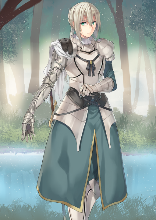 1boy airgetlam_(fate) androgynous armor armored_boots armored_gloves asymmetrical_sleeves bedivere_(fate) bishounen black_gloves boots braid breastplate closed_mouth fate/grand_order fate_(series) faulds feet_out_of_frame forest gauntlets gloves green_eyes green_pants green_shirt green_skirt grey_hair hair_between_eyes hair_tubes hand_up high_collar lake legs_together light_particles long_hair long_sleeves looking_at_viewer low_twintails male_focus mismatched_sleeves nature official_art outstretched_arm pants pauldrons prosthesis prosthetic_arm shirt shoulder_armor sidelocks single_glove skirt solo standing sweater_guard tenkuu_sphere third-party_source twintails variant_set