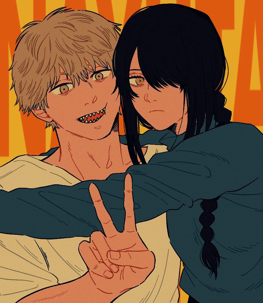 1boy 1girl black_hair blonde_hair blue_sweater braid braided_ponytail chainsaw_man cheek-to-cheek denji_(chainsaw_man) frown hair_over_one_eye heads_together hug llq9ull long_hair looking_at_viewer nayuta_(chainsaw_man) open_mouth ringed_eyes sharp_teeth shirt short_hair smile sweater teeth v white_shirt yellow_eyes